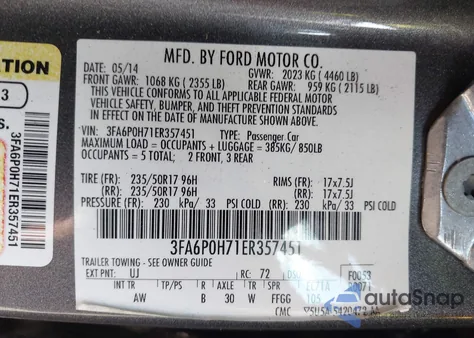 2014 Ford Fusion Se из США, поврежденный, VIN 3FA6P0H71ER357451